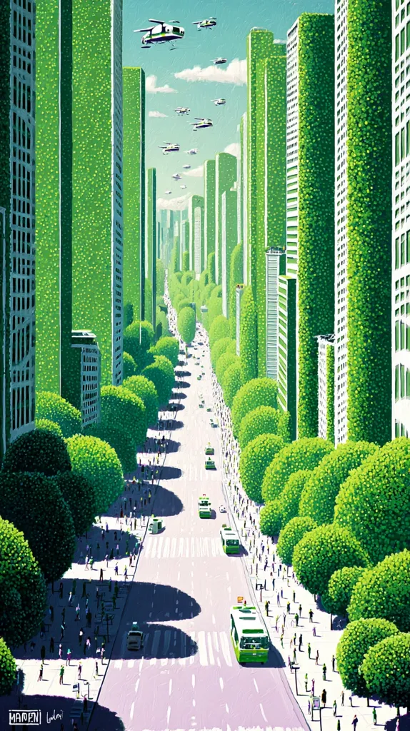 A futuristic city street scene is depicted, where skyscrapers are covered in lush green vegetation.  Flying vehicles navigate the sky above, while pedestrians stroll along tree-lined sidewalks.  The vibrant colors and clean lines create a utopian vision of sustainable urban living.  Green buses travel down the central road, adding to the eco-friendly atmosphere. The overall impression is one of harmony between nature and technology.