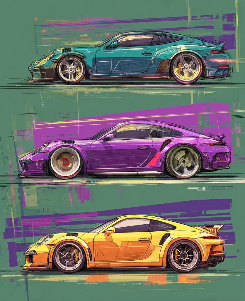 The illustration showcases three stylized Porsche 911 GT3 RS cars in vibrant colors.  A teal, purple, and yellow Porsche are depicted in a side profile view, each with exaggerated wheel arches and sporty detailing. The artistic style incorporates bold lines, muted background, and a sense of speed and movement.  The cars are presented in a stacked arrangement against a textured, abstract backdrop.