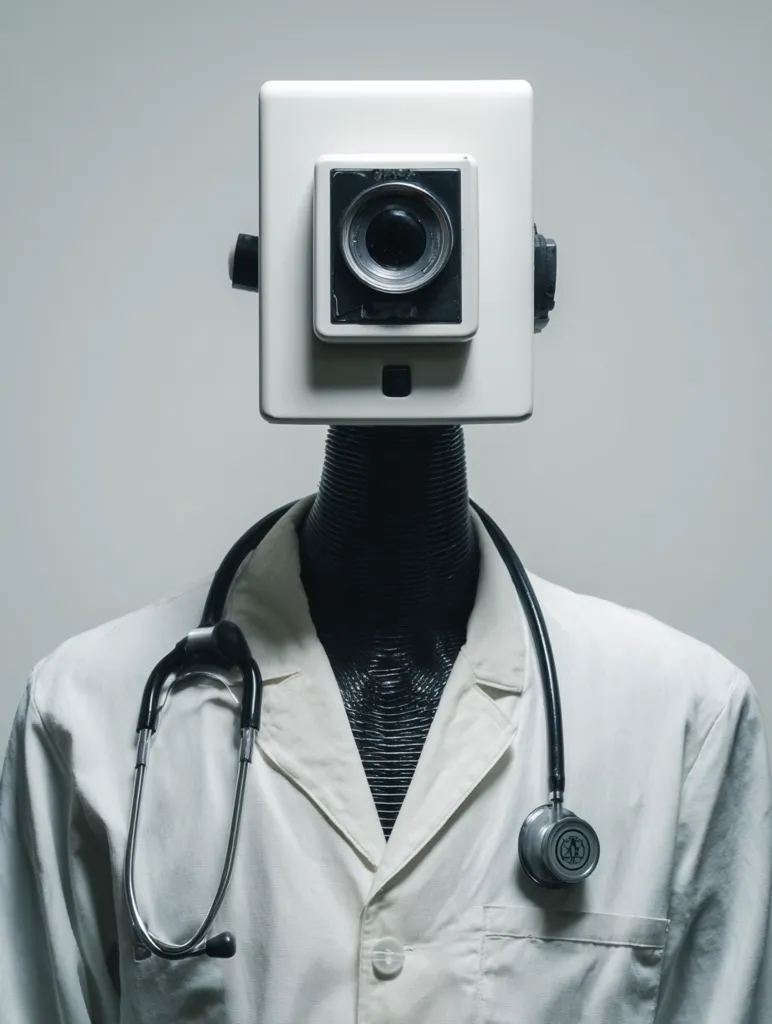 A mannequin in a white doctor's coat has a vintage camera mounted on its head.  The camera's lens acts as the mannequin's face, creating a surreal and unsettling image.  A stethoscope is draped around the mannequin's neck, adding to the medical theme and the unsettling juxtaposition of technology and human profession.  The background is a plain, light grey.