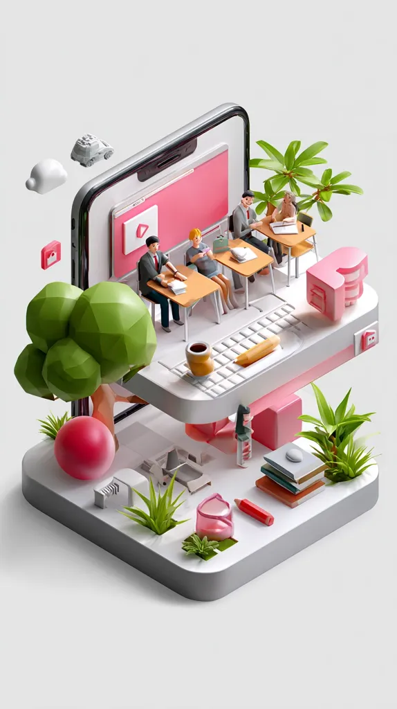 A 3D isometric illustration depicts a classroom scene integrated into a smartphone screen.  Miniature students sit at desks within the device, engaged in learning.  Surrounding the screen are playful elements like miniature trees, a cloud, and school supplies, creating a vibrant and engaging representation of online education.  The overall style is cute and modern.