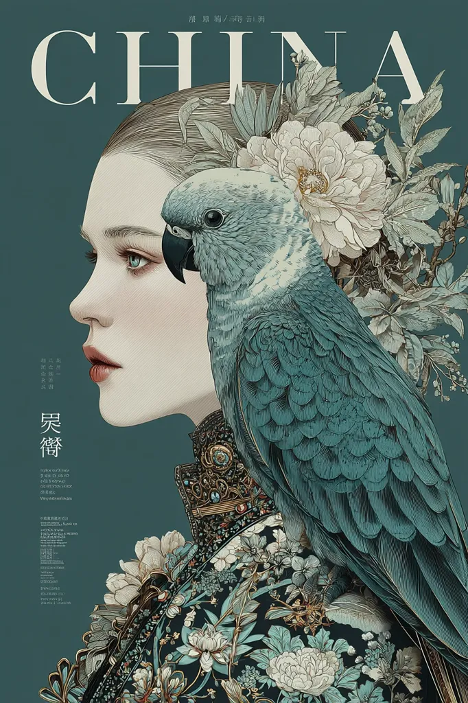 An illustration features a woman's profile, adorned with elaborate floral designs and a teal parrot perched on her shoulder. The word "CHINA" is prominently displayed in a stylized font at the top. The artwork is detailed and intricate, blending realistic elements with a painterly, almost vintage aesthetic. The color palette is muted, dominated by greens, blues, and creamy whites. The overall impression is one of elegance and cultural richness, perhaps hinting at a connection to Chinese art and tradition.