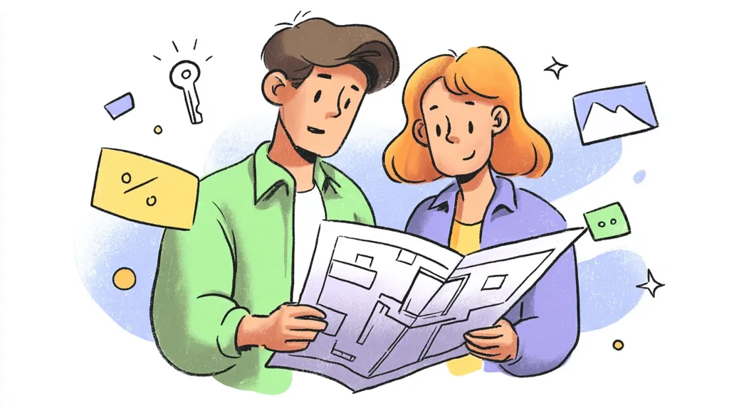 A young couple excitedly reviews a house blueprint.  Surrounding them are illustrations representing key elements of home buying: a key, a percentage sign suggesting discounts, and a picture representing the property's location.  The image conveys the joy and planning involved in purchasing a new home.  Their expressions show enthusiasm and careful consideration of their future purchase.