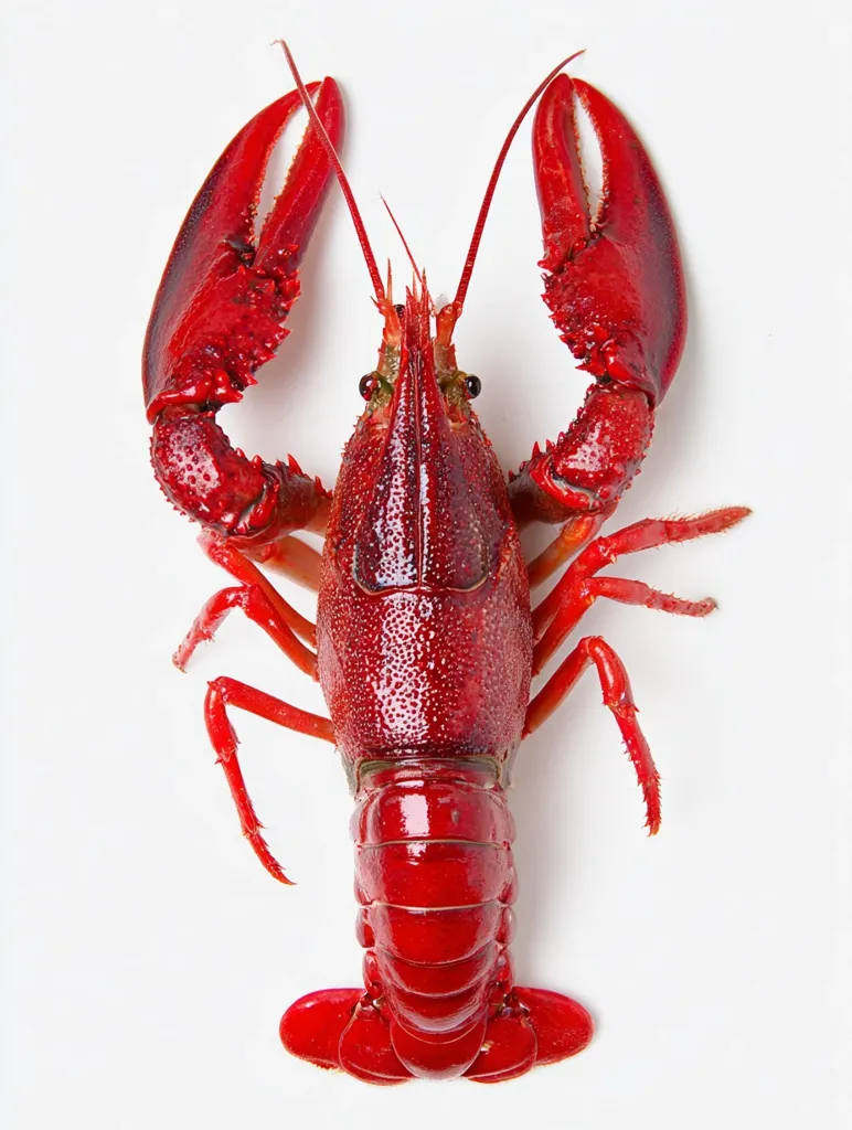 A vibrant red crayfish is presented against a stark white backdrop.  Its claws are extended outwards, showcasing its detailed exoskeleton. The creature is viewed from above, offering a clear view of its body segmentation and textured surface. The image is clean and sharply focused, highlighting the crayfish's rich color and intricate anatomy.