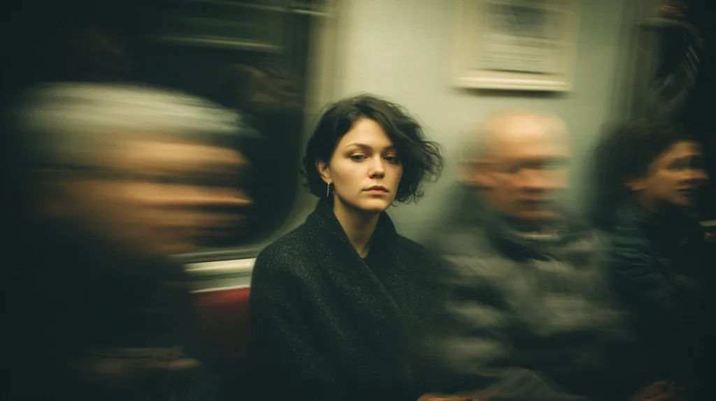 A young woman with short dark hair sits on a moving subway car, her expression pensive.  She wears a dark coat.  The other passengers are blurred by motion, creating a dreamy, almost melancholic atmosphere.  The image focuses on her stillness amidst the rush of the city.  The muted colors and soft focus enhance the contemplative mood.