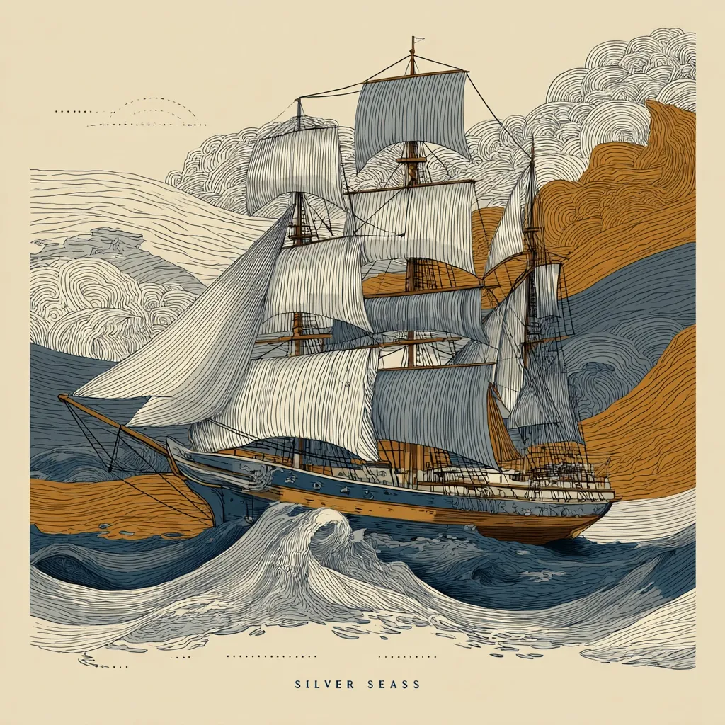 A meticulously detailed illustration depicts a majestic sailing ship navigating turbulent waters.  The ship, with its full sails billowing, cuts through stylized waves rendered in shades of blue and gray.  The background features swirling clouds and textured landmasses in warm, ochre tones, creating a dramatic contrast.  The artwork is labeled "SILVER SEASS" at the bottom, suggesting a sense of adventure and the vastness of the sea.