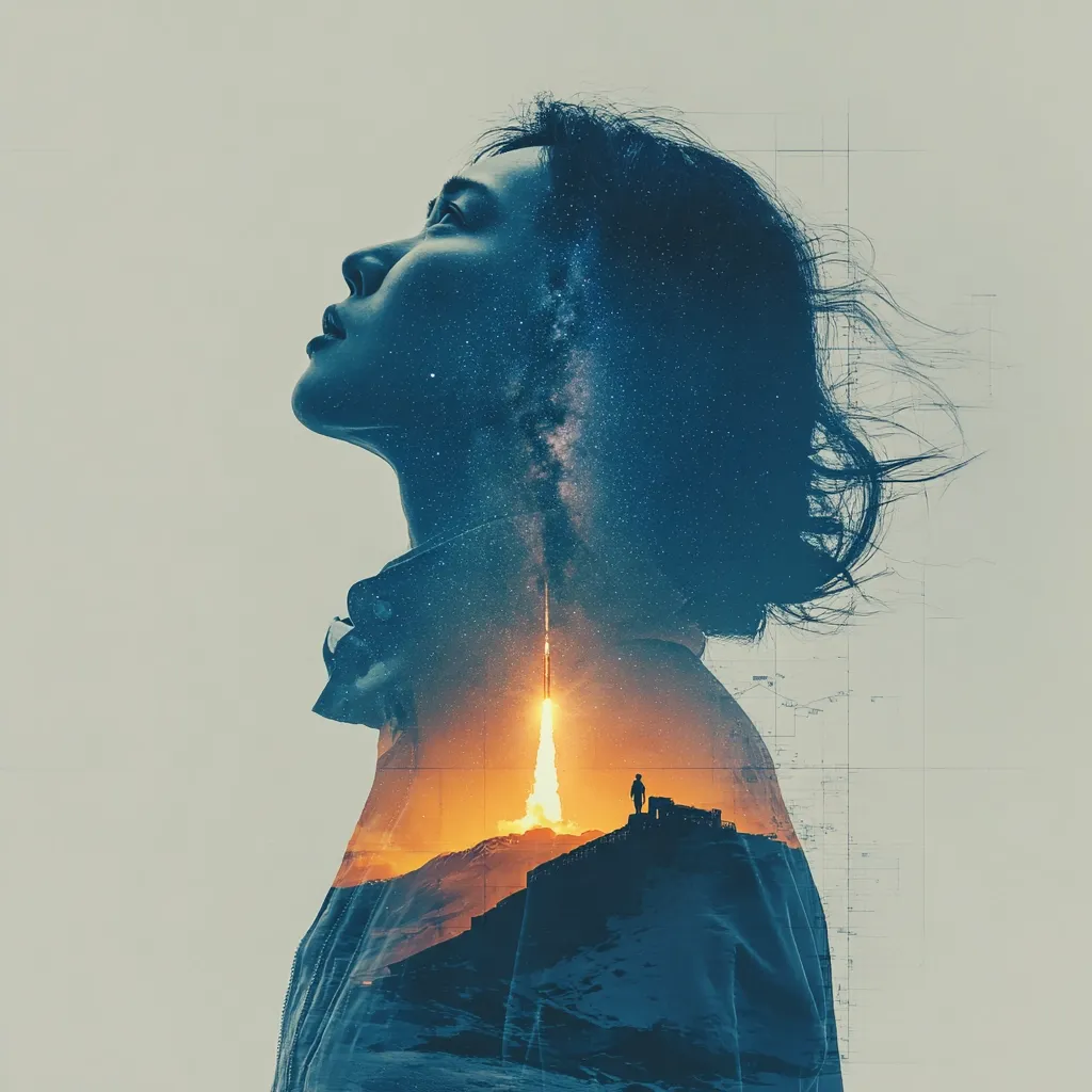 A double exposure image depicts a woman's profile superimposed over a rocket launch at sunset.  Her hair flows dramatically, blending with the starry night sky. The fiery rocket ascent contrasts with the cool tones of the woman's face and jacket.  A solitary figure observes the launch from a distant hill, emphasizing the vastness of space and the ambition of human endeavor. The overall effect is one of dreamlike wonder and aspirational potential.