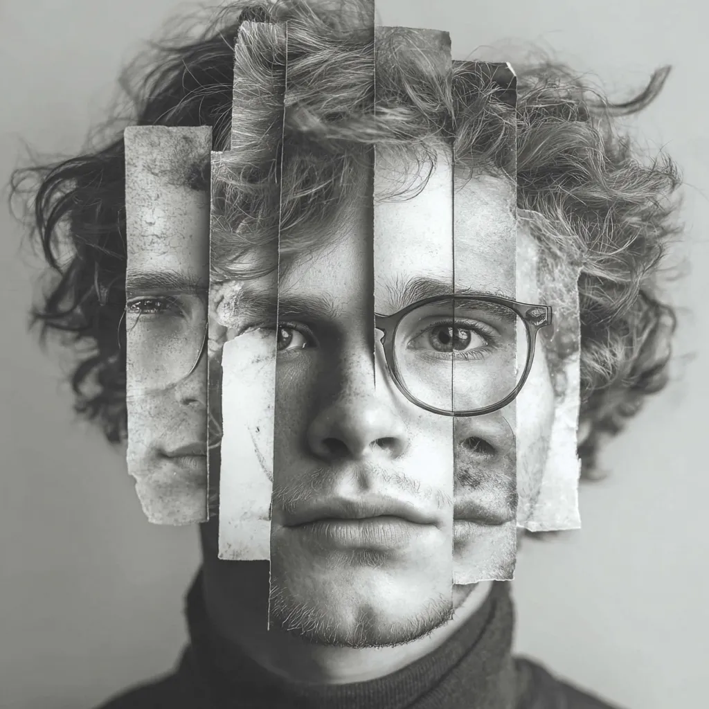 A monochromatic portrait showcases a young man's face, artfully fragmented into vertical strips.  The sections reveal glimpses of other faces, creating a layered effect suggesting multiple identities or perspectives. His curly hair frames the collage, adding to the artistic and introspective mood. The image uses a high contrast black and white palette, emphasizing texture and depth.
