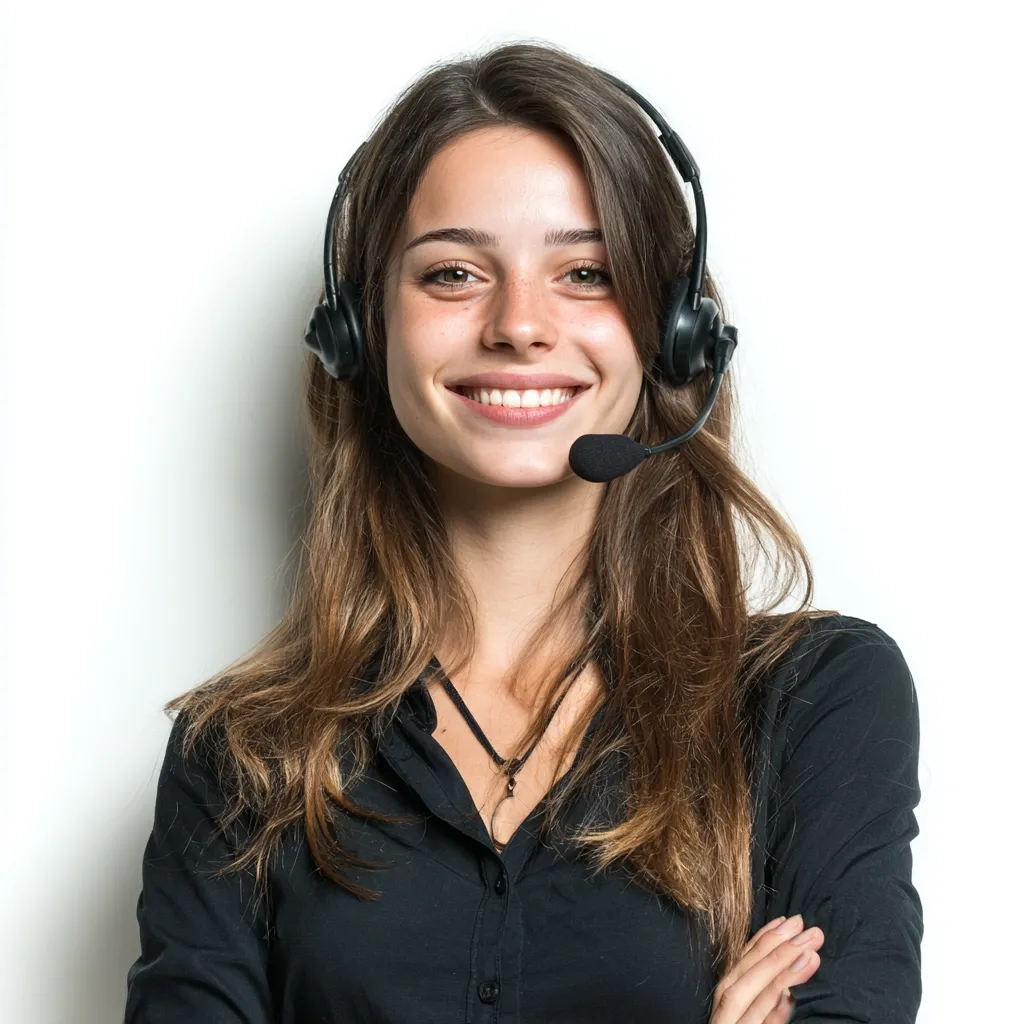 A young woman with long brown hair smiles warmly while wearing a black headset.  She's dressed in a black, button-down shirt and has her arms crossed. Her expression is friendly and approachable, suggesting a customer service or support role.  The background is plain white, focusing attention on her.