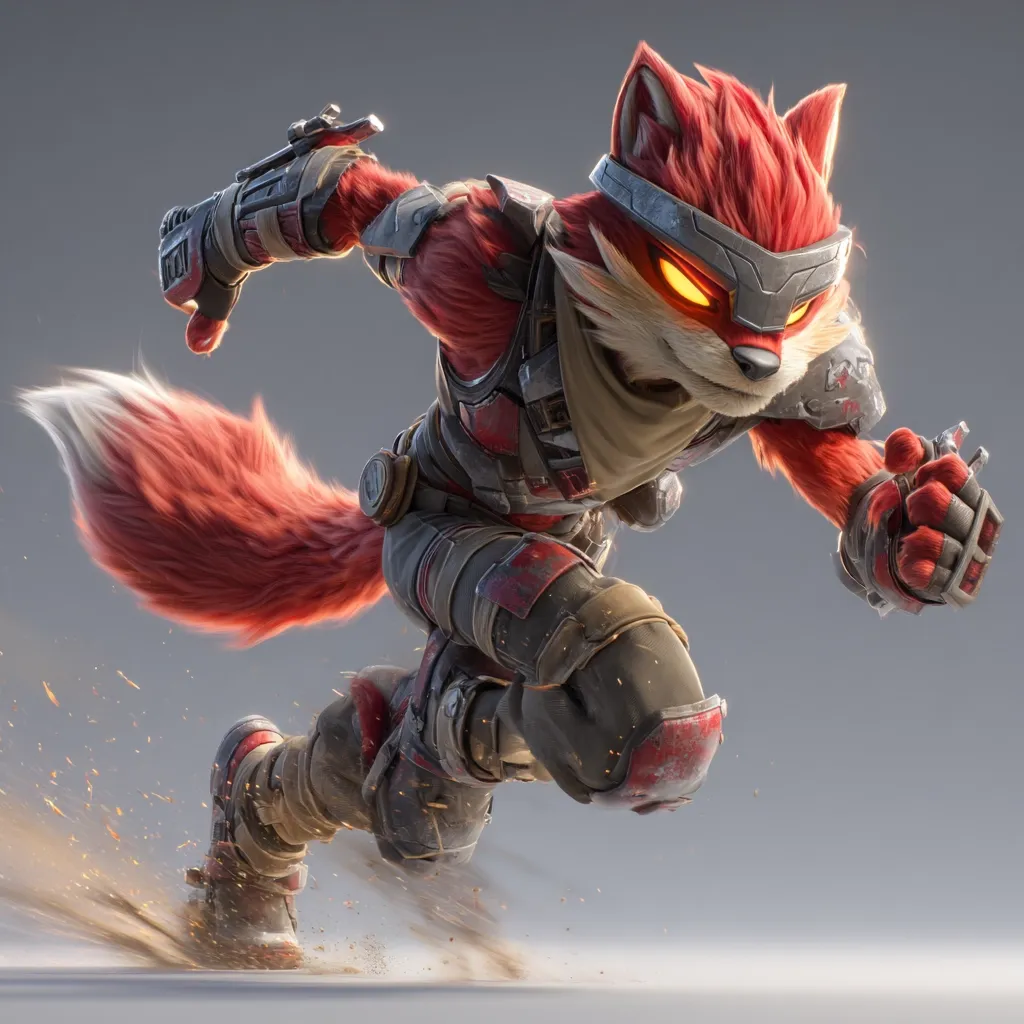 A stylized anthropomorphic fox, clad in futuristic, battle-worn armor, sprints forward.  Its fiery red fur contrasts with the dark, metallic gear.  The fox's eyes glow intensely, adding to its fierce expression. Dust and sparks trail behind it, emphasizing speed and action. The overall aesthetic is a blend of futuristic technology and animalistic features, suggesting a dynamic character from a video game or animation.