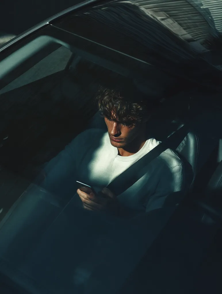 A young man with curly brown hair sits in a car, partially obscured by shadows. He's wearing a light-colored, long-sleeved shirt and is attentively looking down at a smartphone he holds in his hands. The car's interior is dark, and sunlight streams in, highlighting parts of him and the seatbelt across his chest.  The overall mood is moody and contemplative.
