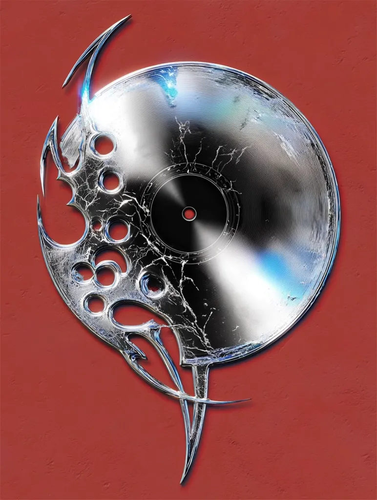 A stylized metallic disc, resembling a vinyl record, is presented against a red backdrop.  The disc is adorned with intricate, angular, chrome-like designs that extend beyond its circular form, creating a dynamic, almost tribal aesthetic.  The surface shows cracks and a distressed texture, adding to its edgy, futuristic appearance.  The overall effect is one of bold, graphic design.