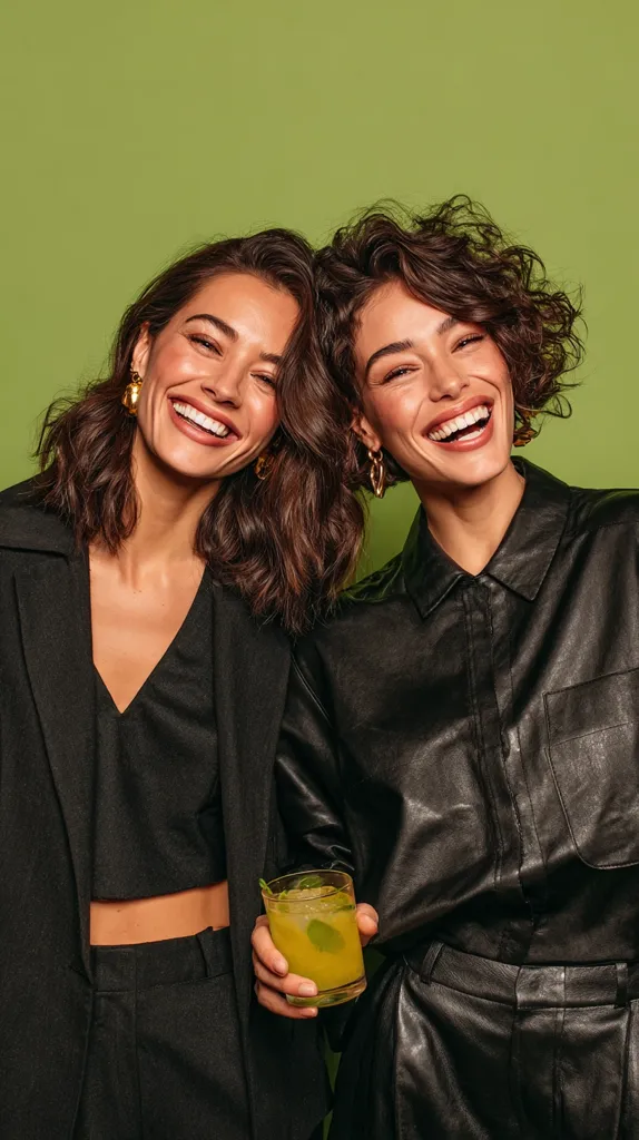 Two smiling women, twins, in matching black outfits pose against a lime green backdrop.  One holds a yellow cocktail.  They wear black blazers and pants, gold earrings, and have similar dark, curly hair.  Their joyful expressions and coordinated style create a vibrant and stylish image.