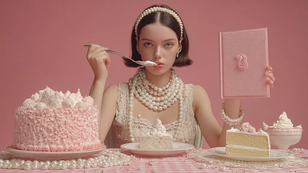 A young woman with a pearl headband and necklace sits at a pink table, delicately eating a spoonful of pink frosting.  She holds a pink book and is surrounded by lavish pink cakes, a slice of vanilla cake, and scattered pearls. The scene is styled with a pastel, whimsical aesthetic, evoking a dreamy, feminine atmosphere.