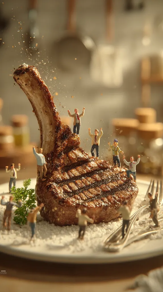 A large, grilled tomahawk steak sits on a plate dusted with coarse salt.  Tiny figurines of people are playfully scaling the steak, some at the top, others at the base.  The scene is set in a kitchen, with blurred background elements suggesting a warm, home-cooked meal.  A sprinkle of seasoning is visible in the air, adding to the whimsical and artistic feel of the image.