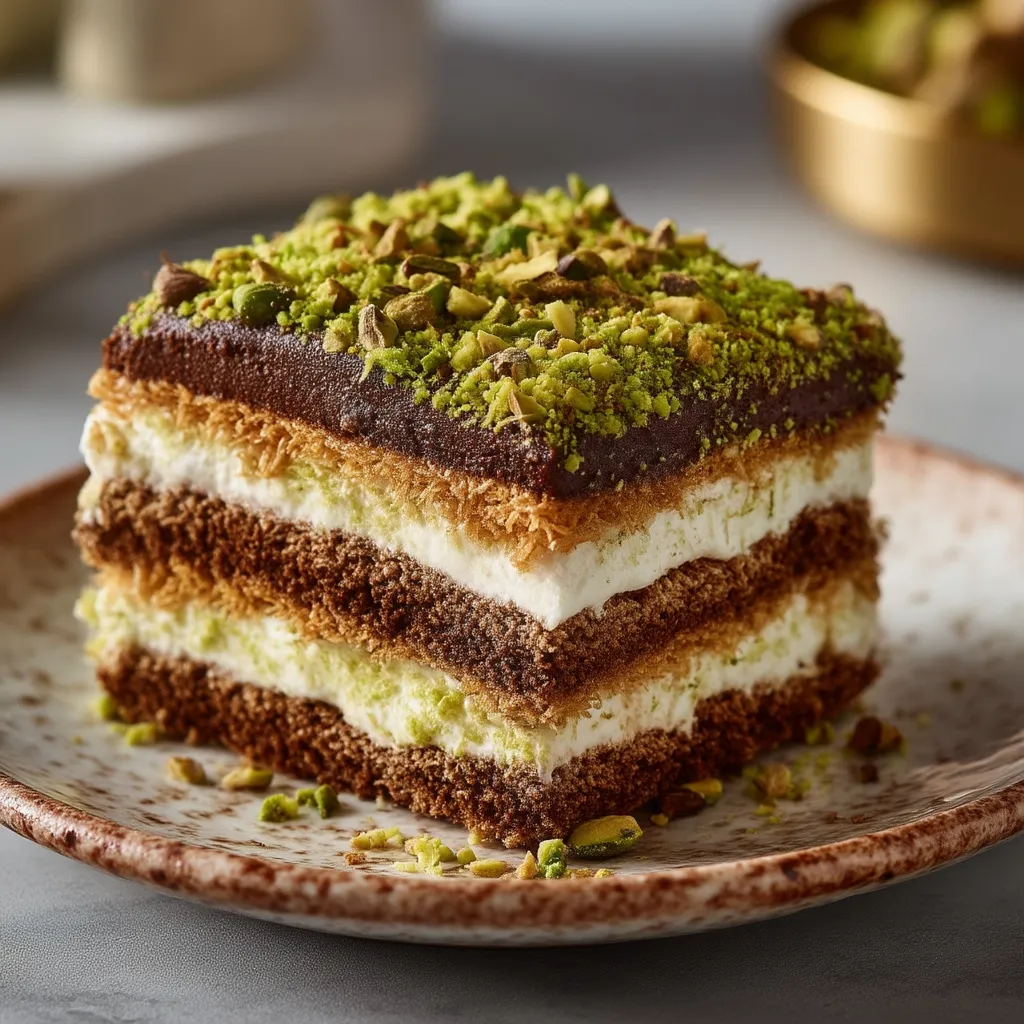 A decadent chocolate cake layered with creamy white filling and thin, crispy brown layers is generously topped with chopped pistachios.  The rich, layered dessert sits on a speckled, earthenware plate, with scattered pistachio crumbs adding to the elegant presentation. The image highlights the cake's texture and the vibrant green of the pistachios against the deep brown chocolate.
