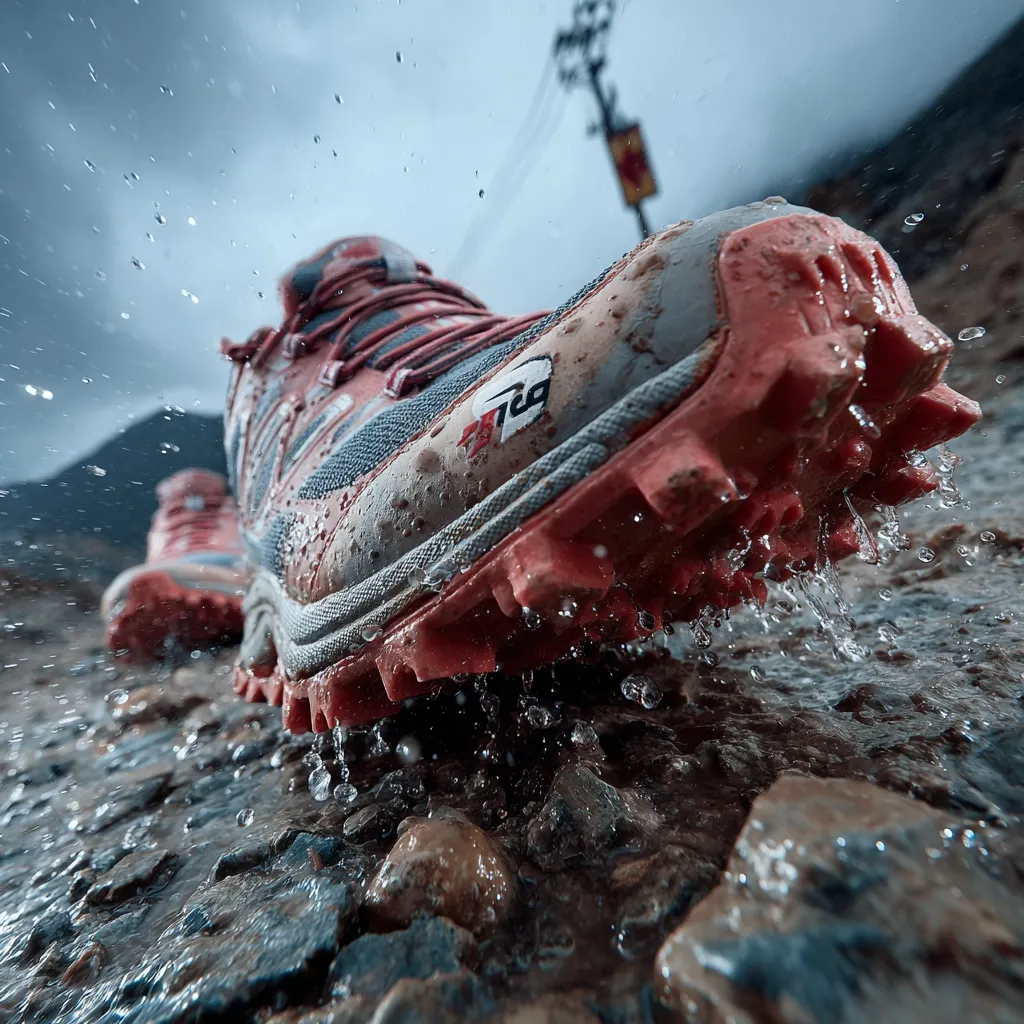 Close-up view of a muddy, red and gray trail running shoe, drenched in water.  Water droplets cling to the rugged sole and upper as the shoe treads through a rocky, wet path.  The background is blurred, showing a stormy sky and distant landscape.  The shoe's brand logo is partially visible.  The image emphasizes the shoe's durability and suitability for challenging outdoor conditions.