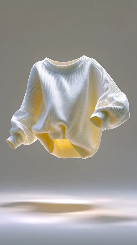 A cream-colored ribbed sweater floats against a muted gray background.  The sweater is shown in a three-quarter view, showcasing its relaxed fit and slightly oversized sleeves. The soft lighting highlights the texture of the knit fabric, creating a minimalist and elegant aesthetic. The image has a clean, contemporary feel.