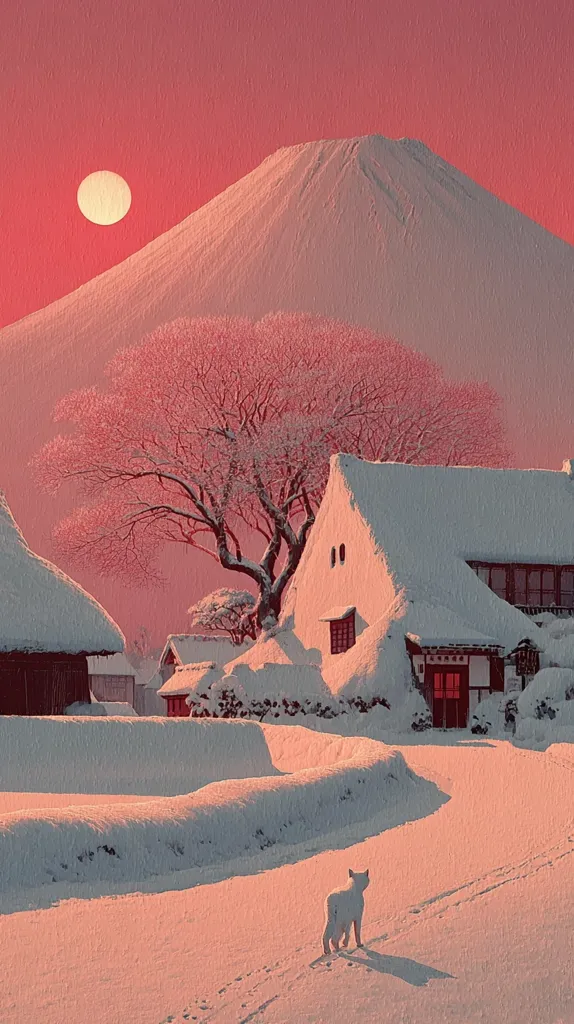 A serene winter scene unfolds under a large, pale moon and a dusky pink sky.  Snow-covered houses with thatched roofs nestle beneath a snow-laden tree, set against the backdrop of a majestic, snow-capped mountain. A lone white cat sits in the foreground on a snow-covered road, adding a touch of tranquility to the picturesque village. The overall palette is soft and calming, evoking a sense of peace and quiet.