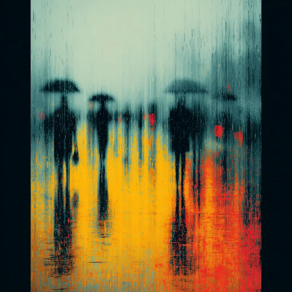 A stylized painting depicts figures under umbrellas in the rain.  The figures are silhouetted, indistinct, and blend with the background.  The color palette is predominantly cool teal and warm oranges and reds, suggesting a wet, vibrant city scene. The rain is implied through vertical brushstrokes, creating a sense of movement and atmosphere.  The overall effect is one of urban anonymity and atmospheric depth.