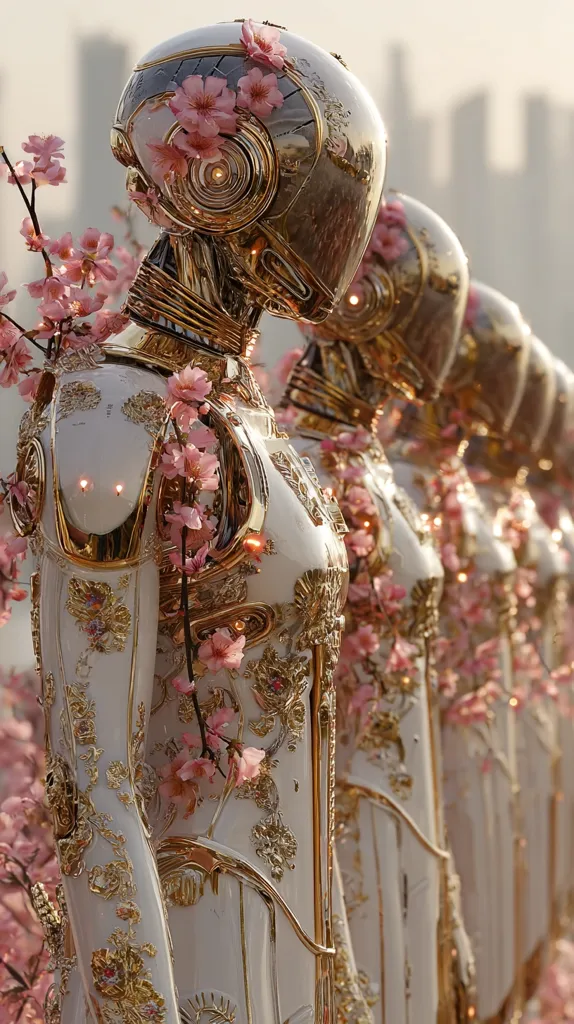 A line of elegant, ornate robots stands in a row, their white and gold bodies adorned with delicate pink cherry blossoms.  The robots have helmet-like heads with reflective visors, and their intricate detailing suggests a blend of futuristic technology and classical design.  The overall aesthetic is one of delicate beauty and sophisticated artificiality, set against a blurred city backdrop.