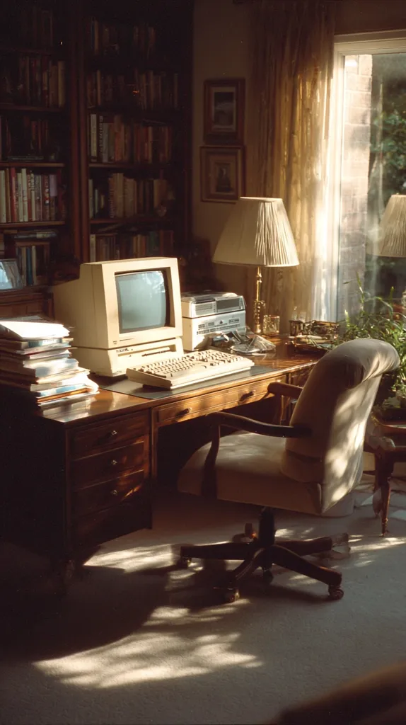 A sunlit home office features a vintage computer setup on a dark wood desk.  Bookshelves filled with volumes line the wall, and a comfortable office chair sits nearby.  Soft, golden light streams through sheer curtains from a window, illuminating the room.  The overall aesthetic is warm, inviting, and reminiscent of a bygone era.