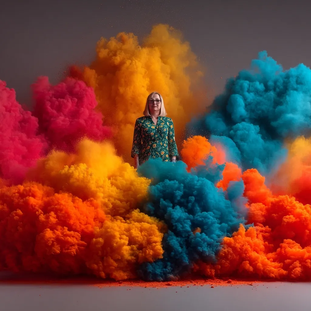 A woman in a green floral dress stands calmly amidst a vibrant explosion of multicolored smoke.  The smoke billows around her in shades of bright orange, red, and teal, creating a dramatic and surreal backdrop.  Her expression is serene, contrasting with the dynamic energy of the colorful clouds surrounding her.  The overall image is striking and visually arresting.