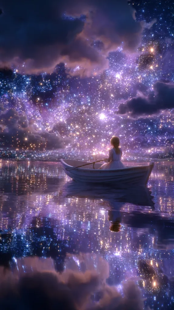 A young girl in a white dress sits serenely in a small rowboat on a calm, dark purple lake.  Above, a breathtaking celestial display unfolds – a vibrant galaxy of purple and blue stars scattered across the night sky, reflected perfectly in the still water below. Clouds drift softly across the starry expanse, creating a dreamlike, ethereal atmosphere.