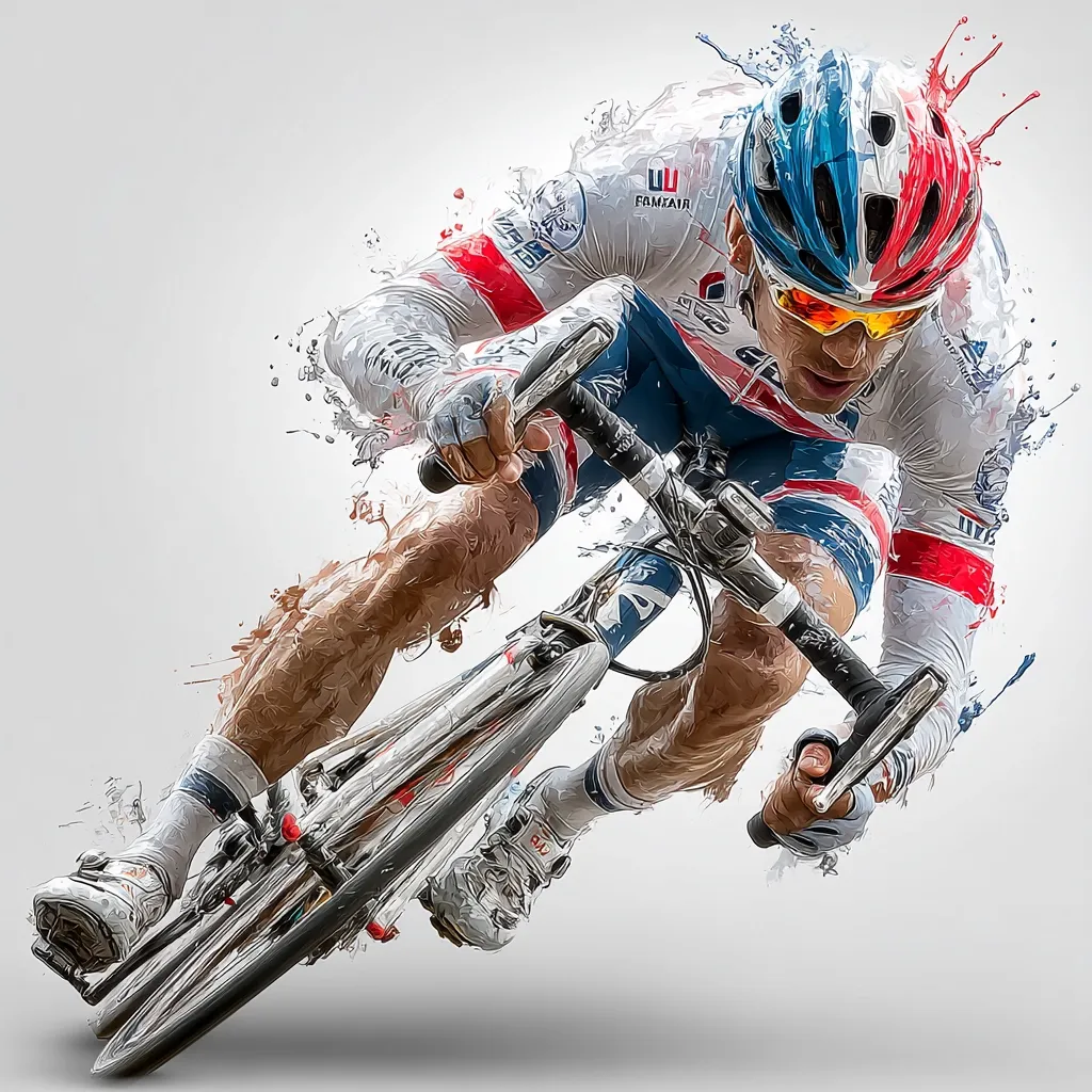 A dynamic illustration depicts a cyclist in motion.  The image is stylized with paint splatters, emphasizing speed and energy. The cyclist, wearing a red, white, and blue jersey and helmet, leans aggressively into a turn, his body and bicycle blurred to suggest rapid movement. The overall effect is powerful and visually arresting.