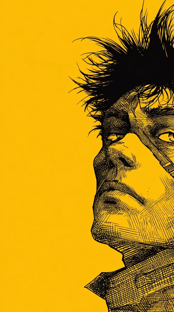 A striking black and white illustration of a man's face against a vibrant yellow background. His hair is wildly styled, and his face bears a serious expression, partially obscured by a bandage. The detailed hatching style creates a textured effect, highlighting the character's strong features and intense gaze.  The contrast between the dark figure and the bright background enhances the dramatic impact of the image.
