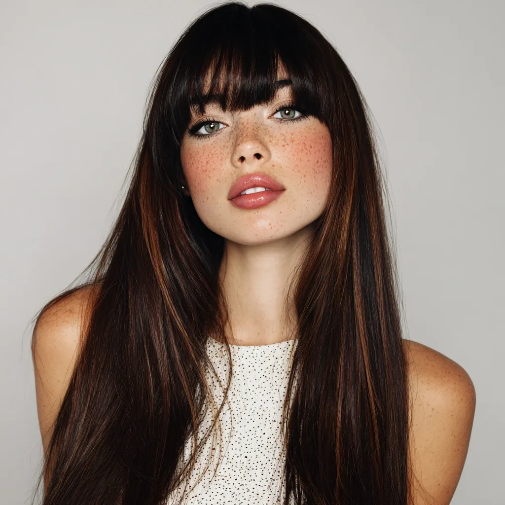 A young woman with long, dark brown hair and blunt bangs looks directly at the camera.  Her skin is fair with noticeable freckles and a soft blush on her cheeks. She's wearing a simple, off-white sleeveless top. Her makeup is natural and enhances her features, creating a fresh and elegant look. The background is a plain, light grey.