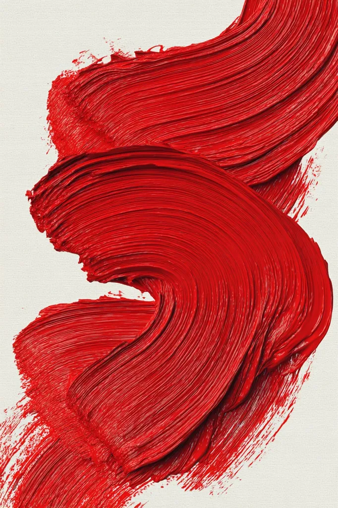 A vibrant abstract artwork showcases thick, swirling strokes of bold red paint against a muted off-white background. The paint appears richly textured, with visible brushstrokes creating a dynamic sense of movement and energy. The composition is visually striking, emphasizing the fluidity and expressive nature of the medium.  The red color dominates, creating a powerful and impactful image.