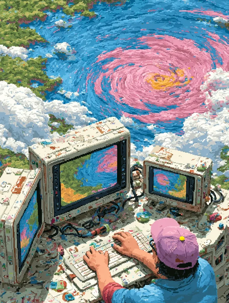 A person sits at a retro computer workstation, its screens displaying a pixelated image of a swirling pink and blue storm over a landscape of clouds and land. The scene is rendered in a pixel art style, with a vibrant color palette and a nostalgic aesthetic. The computer setup consists of multiple CRT monitors, a keyboard, and various peripherals, all arranged on a cluttered desk. The overall impression is one of serene observation of a powerful natural phenomenon.