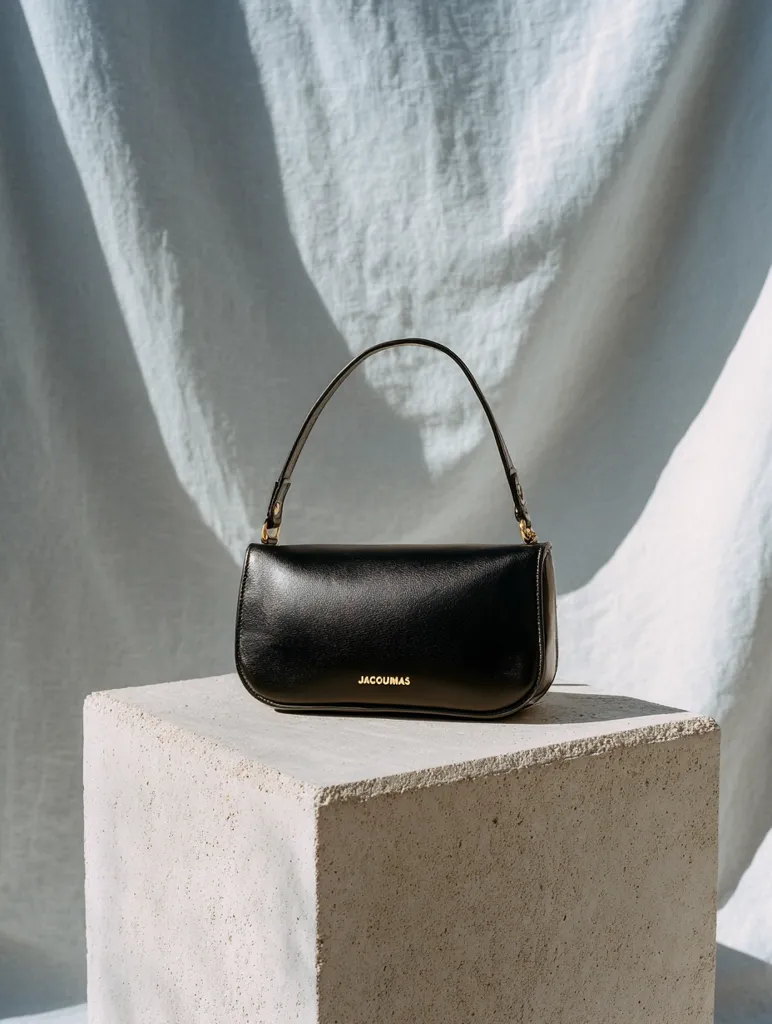 A black leather Jacoumas handbag rests on a light beige concrete cube.  The bag features a curved design, short top handle, and gold-toned hardware.  The backdrop is a subtly textured, light gray fabric, creating a minimalist and elegant product display.  Sunlight illuminates the scene, casting soft shadows.