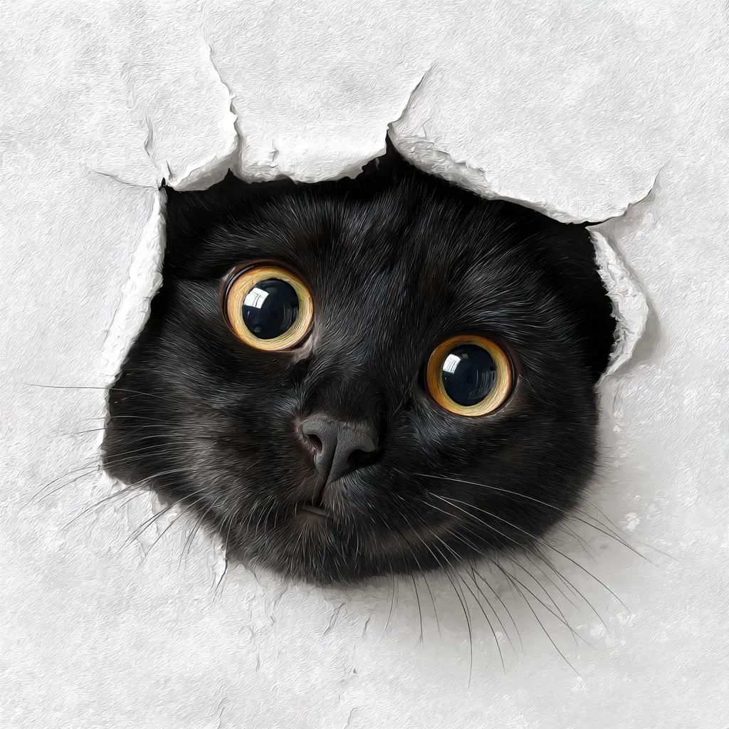 A black cat with large, expressive golden eyes peers through a hole in a white wall.  Its dark fur contrasts sharply with the background.  The cat's face is centered in the image, creating a playful and curious mood. The texture of the torn paper adds to the image's artistic feel.  The cat's whiskers extend outwards, enhancing its inquisitive expression.