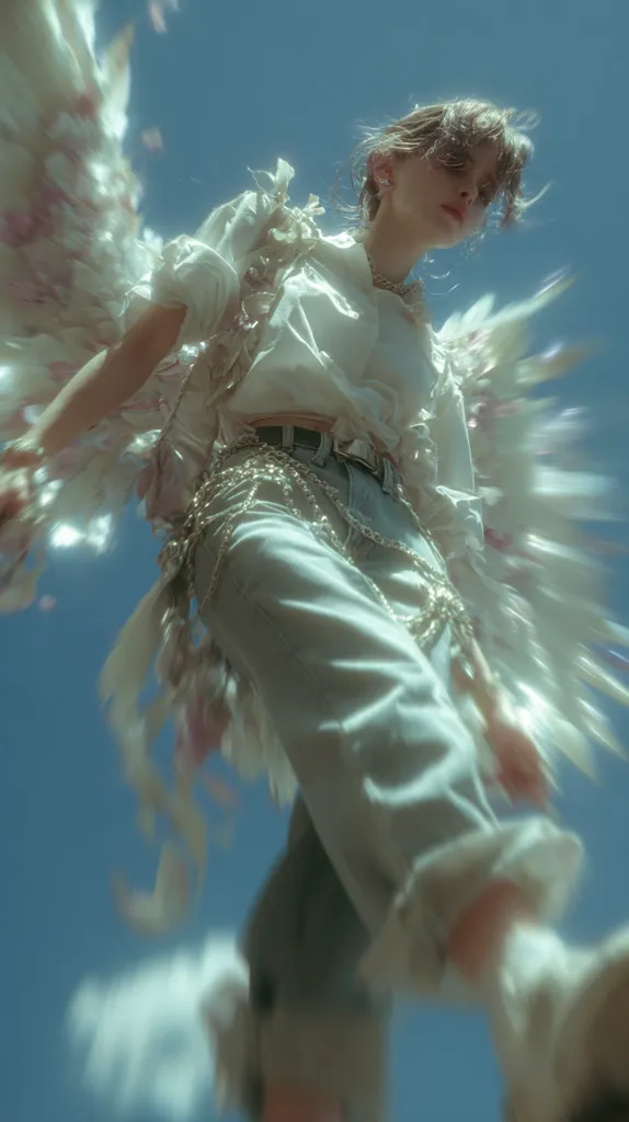 A young woman, seemingly angelic, is captured in a dreamy, ethereal photograph.  She wears a flowing white shirt, light denim jeans, and delicate chains, adorned with large, translucent wings.  The vibrant blue sky provides a stark contrast to her pale clothing.  The image's soft focus and hazy quality enhance its surreal and otherworldly atmosphere. The overall mood is serene and fantastical.