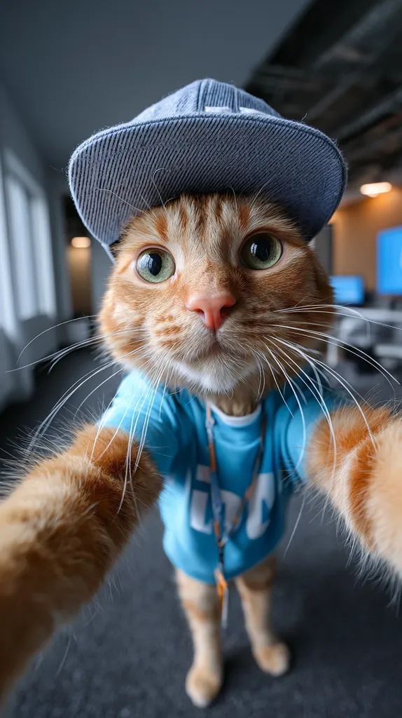 An orange tabby cat takes a playful selfie.  Wearing a blue shirt and a grey baseball cap, the cat's expressive eyes and outstretched paw create a humorous and endearing image. The fisheye lens perspective adds to the fun, capturing the cat's playful personality.  The background is blurred, focusing attention on the adorable feline.