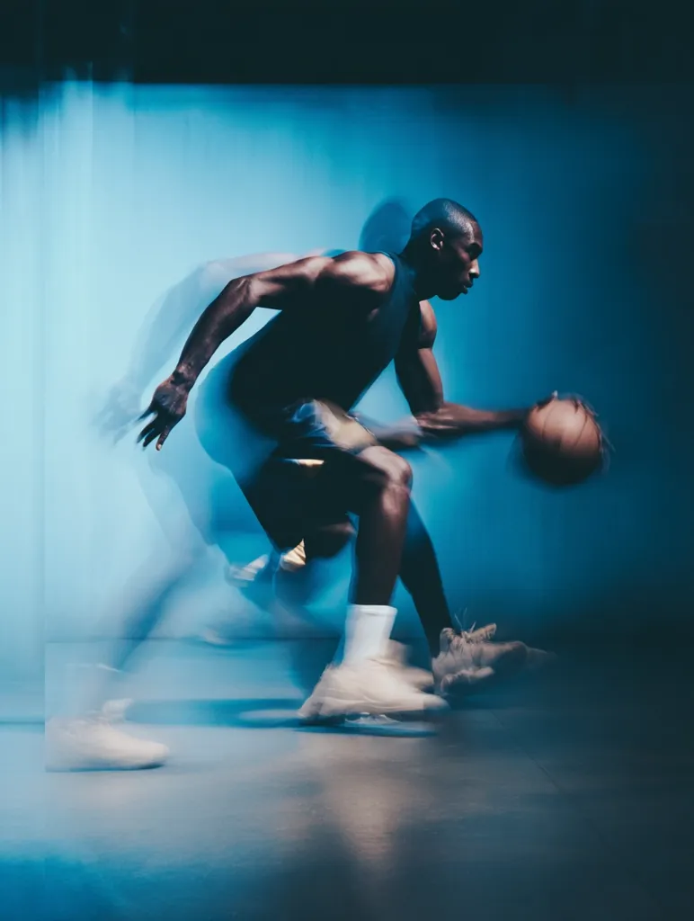 A dynamic image captures a basketball player in motion against a vibrant blue backdrop.  The use of motion blur emphasizes speed and agility. The player, dark-skinned and muscular, dribbles the ball, his focused expression visible.  He wears a sleeveless top and shorts, his athletic footwear suggesting intense activity. The overall effect is one of power and fluidity.