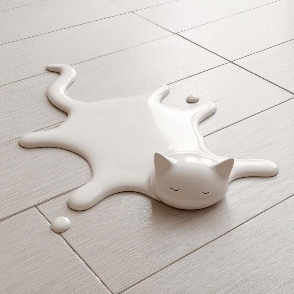 A white liquid, resembling melted ice cream or paint, is spread on a light-grey wood-like floor in the shape of a cat.  A small, solid white cat figurine lies within the puddle, its eyes closed, suggesting a serene or melting effect.  Small droplets of the liquid are scattered nearby. The scene is minimalist and surreal.