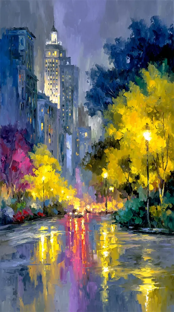 A vibrant cityscape at twilight is depicted, showcasing a tall building illuminated against a moody sky.  Lush, colorful trees line a rain-slicked street, their reflections shimmering in the wet pavement.  The artist uses bold brushstrokes and a rich palette to create a dynamic and impressionistic scene, emphasizing the interplay of light and color in the urban landscape.  The overall mood is one of peaceful, atmospheric beauty.