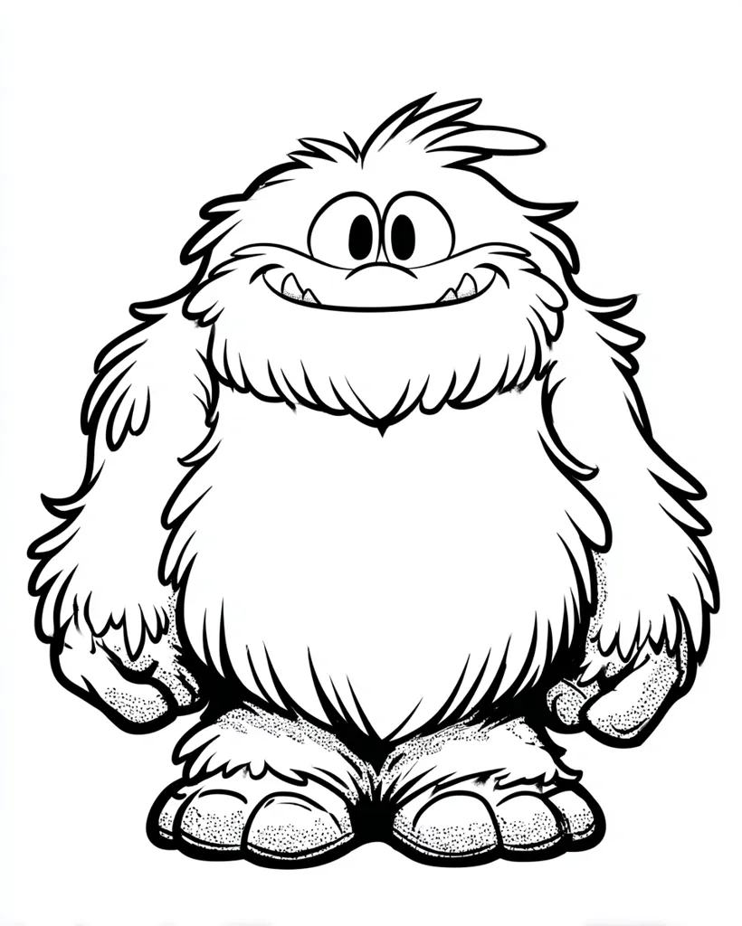 A friendly-looking yeti or abominable snowman is depicted in a black and white line drawing.  The creature has large, round eyes, a wide smile revealing teeth, and a fluffy body with textured fur detailing. Its feet are large and round, and its arms are slightly bent at the elbows. The overall style is cartoonish and playful.  The image is suitable for coloring.