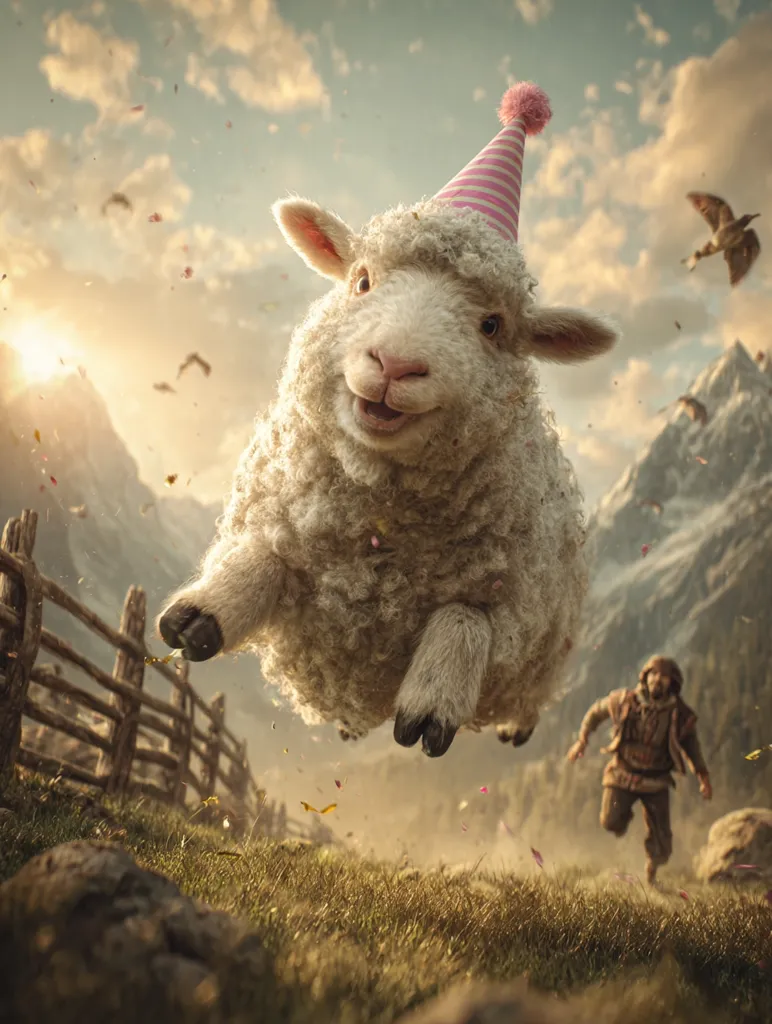 A fluffy sheep, wearing a pink party hat, joyfully leaps through the air against a mountainous backdrop.  Petals and birds flutter around it. Below, a man in medieval garb runs, seemingly startled by the airborne sheep's festive flight. The scene is vibrant and fantastical, with a whimsical and surreal atmosphere.