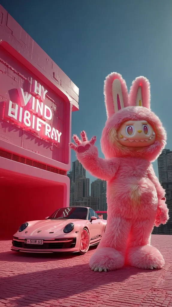 A giant pink bunny in a fluffy costume waves near a pink Porsche 911 parked in front of a pink building. The building features a neon sign with the words "HY VIND HIBIFRAY".  The scene is set against a bright blue sky and a backdrop of city skyscrapers. The overall aesthetic is vibrant, playful, and surreal.