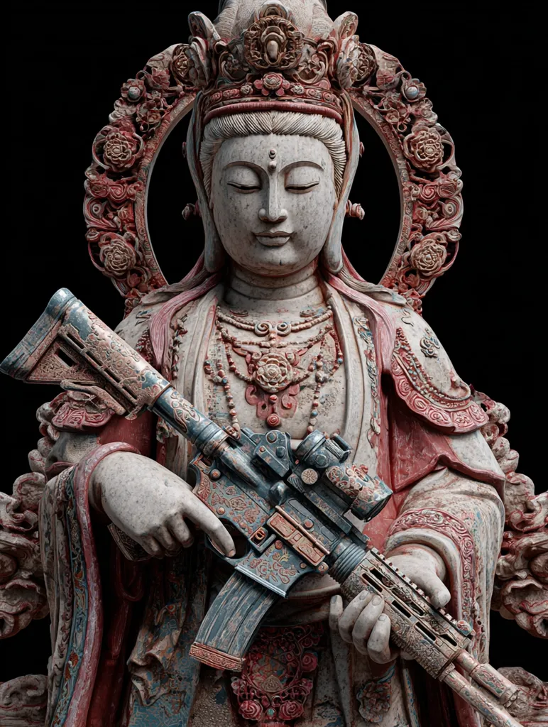 A weathered statue of Guan Yin, a Buddhist bodhisattva of compassion, is depicted holding an intricately carved AR-15 style rifle.  The statue's traditional ornate clothing and serene facial expression contrast sharply with the modern weapon. The juxtaposition creates a striking visual commentary on the conflict between peace and violence, tradition and modernity.  The dark background emphasizes the detail of both the statue and the rifle.