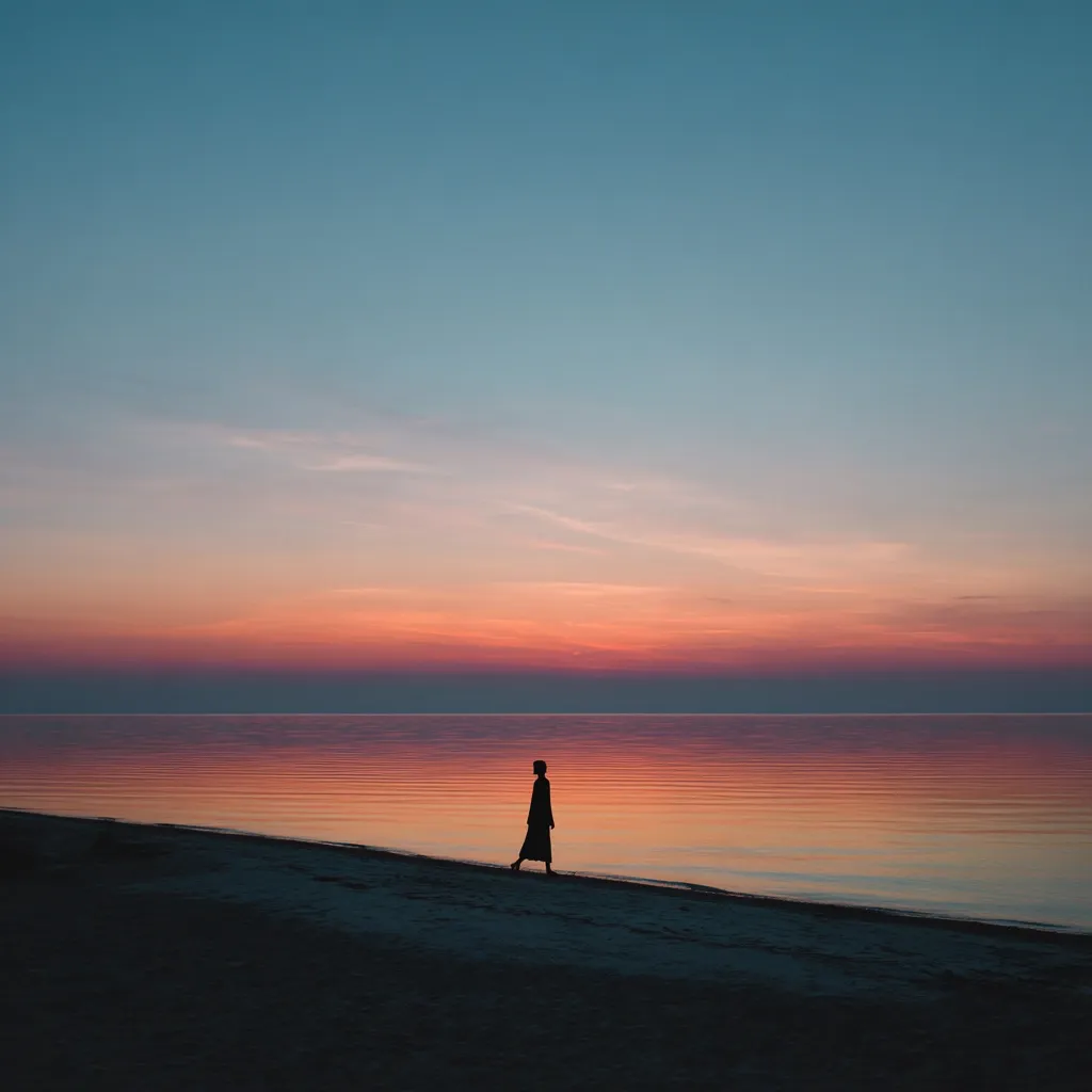 A solitary figure walks along a tranquil beach at sunset. The sky blazes with vibrant hues of orange, pink, and purple, reflecting beautifully on the calm water. The silhouette of the person against the breathtaking backdrop creates a serene and contemplative mood.  The scene is peaceful and evokes a sense of solitude and the beauty of nature.