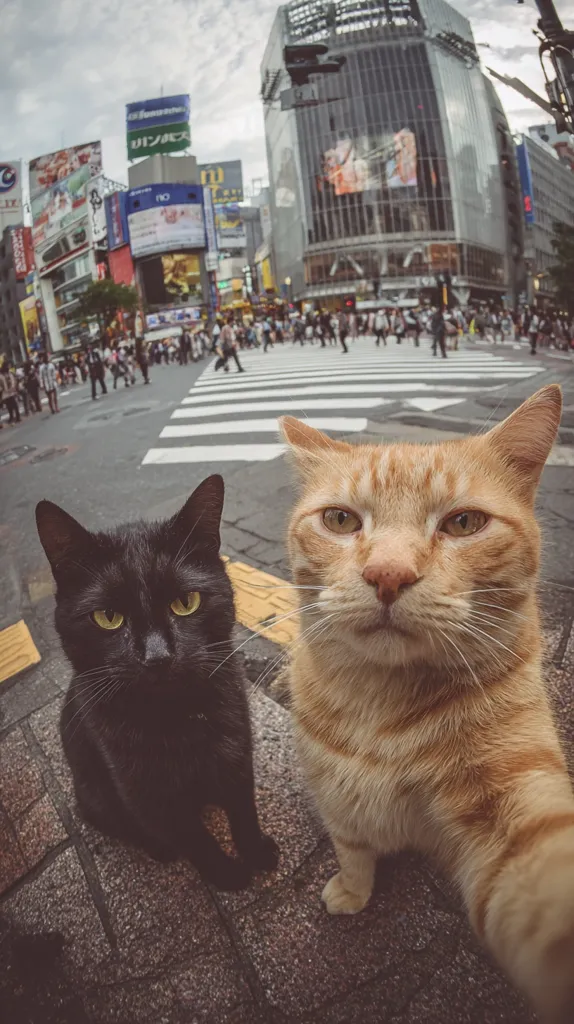 A fisheye lens captures a selfie of two cats in a bustling Tokyo street.  A black cat sits beside an orange tabby, both looking directly at the camera. The background is a busy intersection with pedestrians and vibrant billboards characteristic of Shibuya's famous crossing. The image offers a unique perspective, blending the urban energy with the unexpected presence of the feline duo.