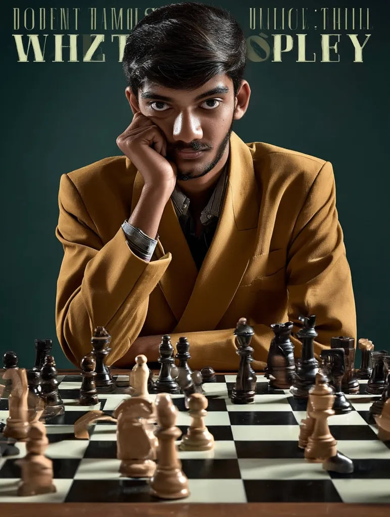 A young man in a mustard-colored blazer sits at a chessboard, his chin resting on his hand.  The scene is dark and moody, with a green background.  Text overlays the image, hinting at a title or theme related to chess and possibly a film or game. The chess pieces are arranged mid-game, creating a sense of tension and strategy.  The overall impression is one of thoughtful contemplation and intellectual competition.
