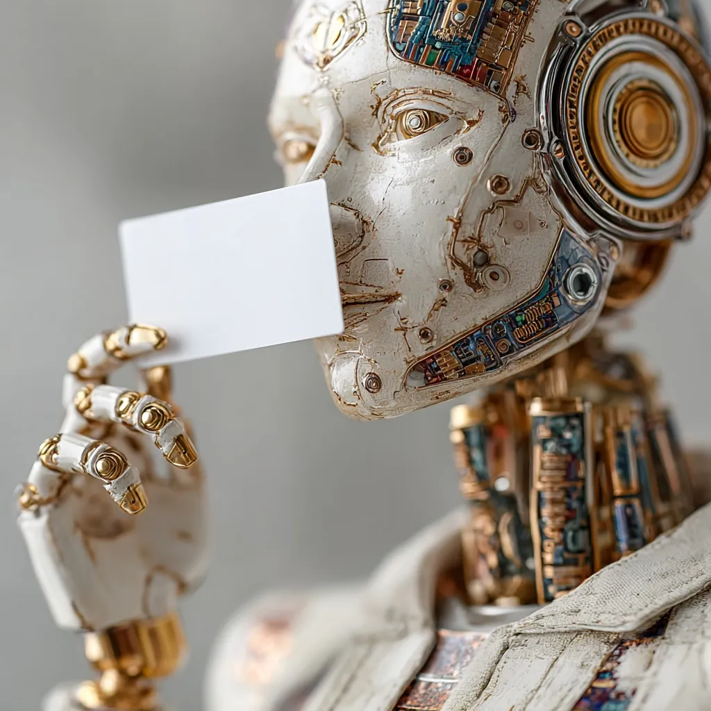 Close-up of a robotic figure, meticulously crafted with visible internal mechanisms and gold accents.  The robot's hand delicately holds a blank white card, obscuring part of its face. The figure's design blends a human-like appearance with exposed technological components, suggesting a futuristic or artificial intelligence concept.  The overall aesthetic is detailed and artistic.