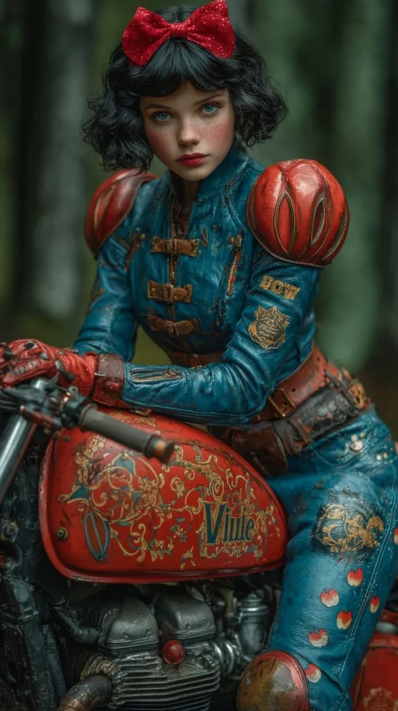 A captivating image portrays a steampunk-inspired Snow White.  She's adorned in a teal leather jacket, embellished with intricate detailing and red accents, paired with matching pants featuring apple motifs.  A red bow sits atop her dark curls.  She sits astride a custom-painted red motorcycle, its tank showcasing ornate gold detailing, creating a striking contrast against the dark forest backdrop. The overall aesthetic blends fairytale charm with a gritty, mechanically advanced style.