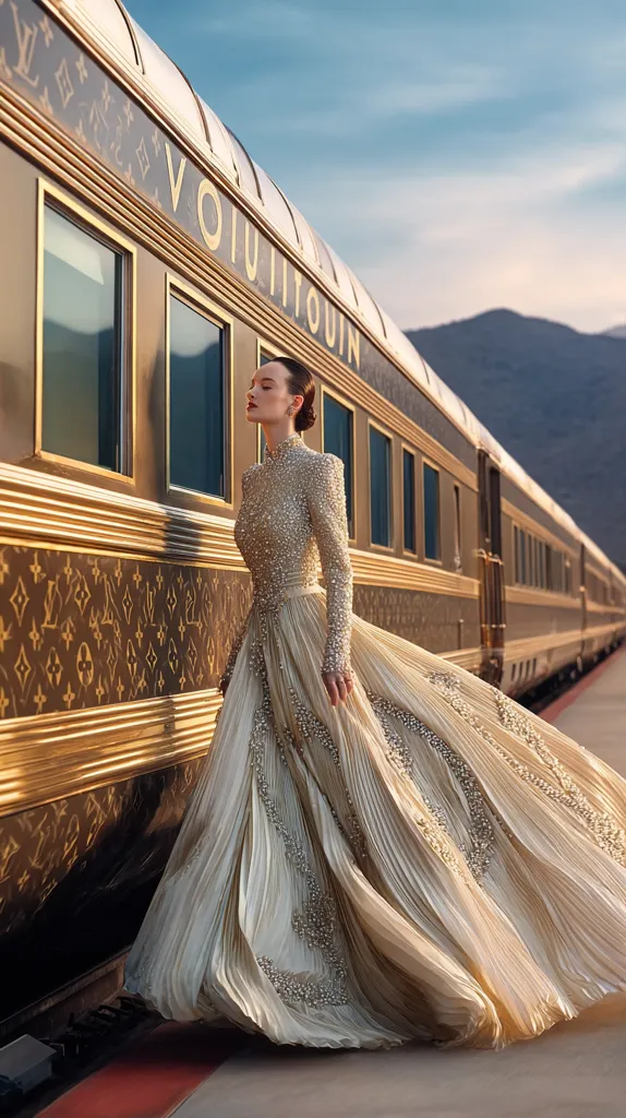 A woman in a long, flowing, champagne-colored gown adorned with delicate beading stands gracefully beside a luxurious Louis Vuitton train. The train, a rich gold and dark brown, features the iconic LV monogram. The setting appears to be outdoors, with mountains in the distance under a clear sky. The image evokes a sense of elegance, travel, and high fashion.