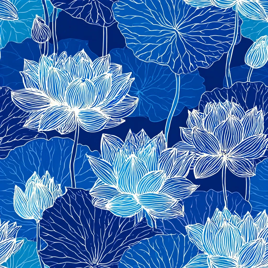 A seamless pattern showcases intricately detailed lotus flowers and leaves in varying shades of blue.  The design uses a line-drawing style, creating a striking contrast between the white outlines and the deep blue background.  The lotus blossoms are depicted in full bloom, some with buds, against a backdrop of large, veined leaves. The overall effect is elegant and serene.